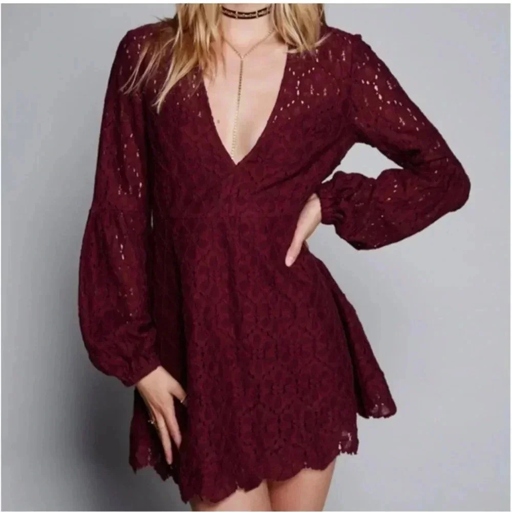 Free People Lace Dress Womens 4 Burgundy Plunge V Neck Uneven Hem Elastic Cuffs